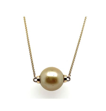 South Sea Golden Pearl 14Y Plain Rondels Necklace 14K Yellow Gold 1.1MM Wheat Chain Pearl measures 12MM